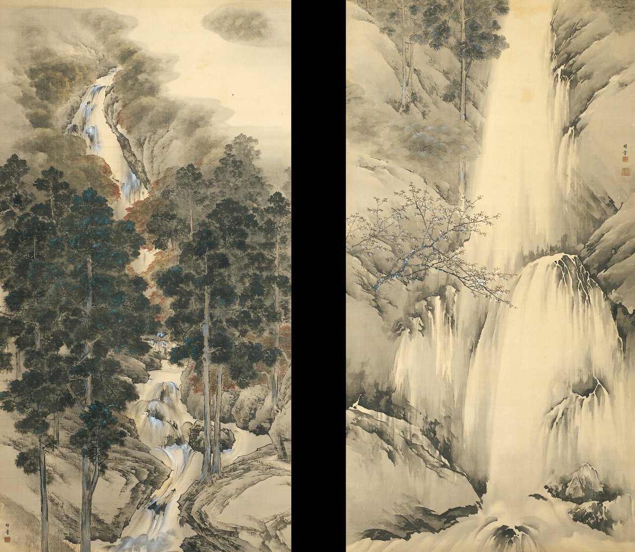 Wasserfall im Frühling und Herbst Satz von zwei Hängerollen, 1893 von Kishi Chikudo