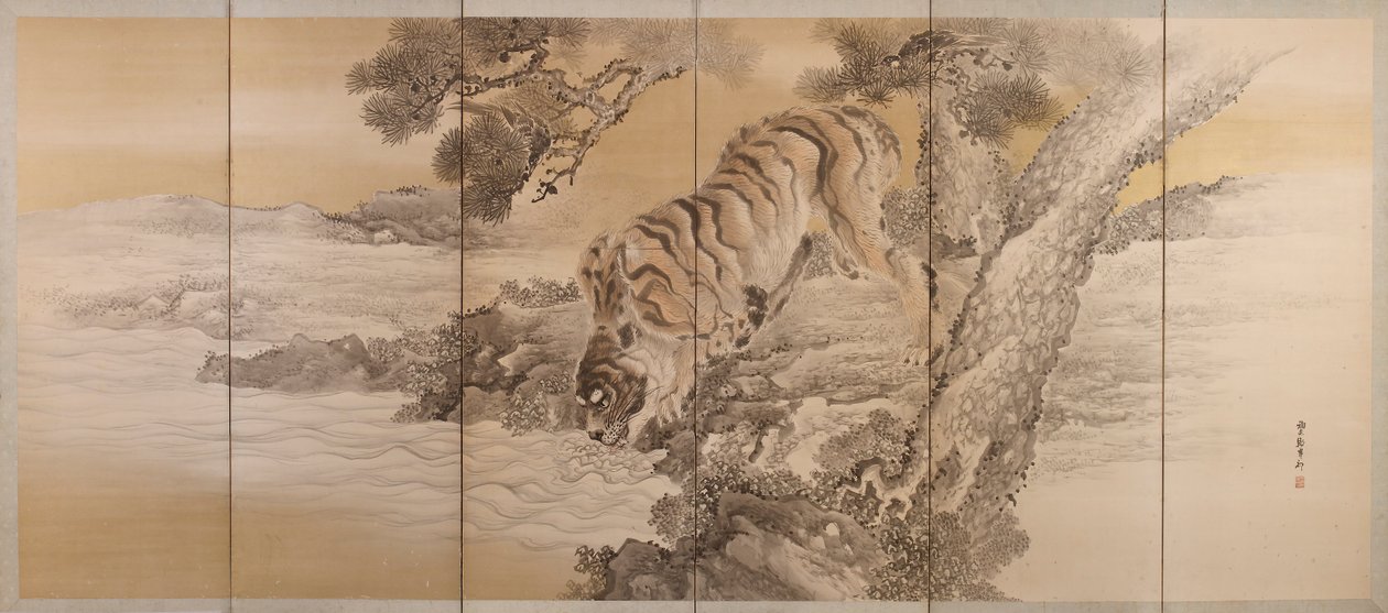 Sechsteilige Leinwand, die einen trinkenden Tiger darstellt von Kishi Ganku
