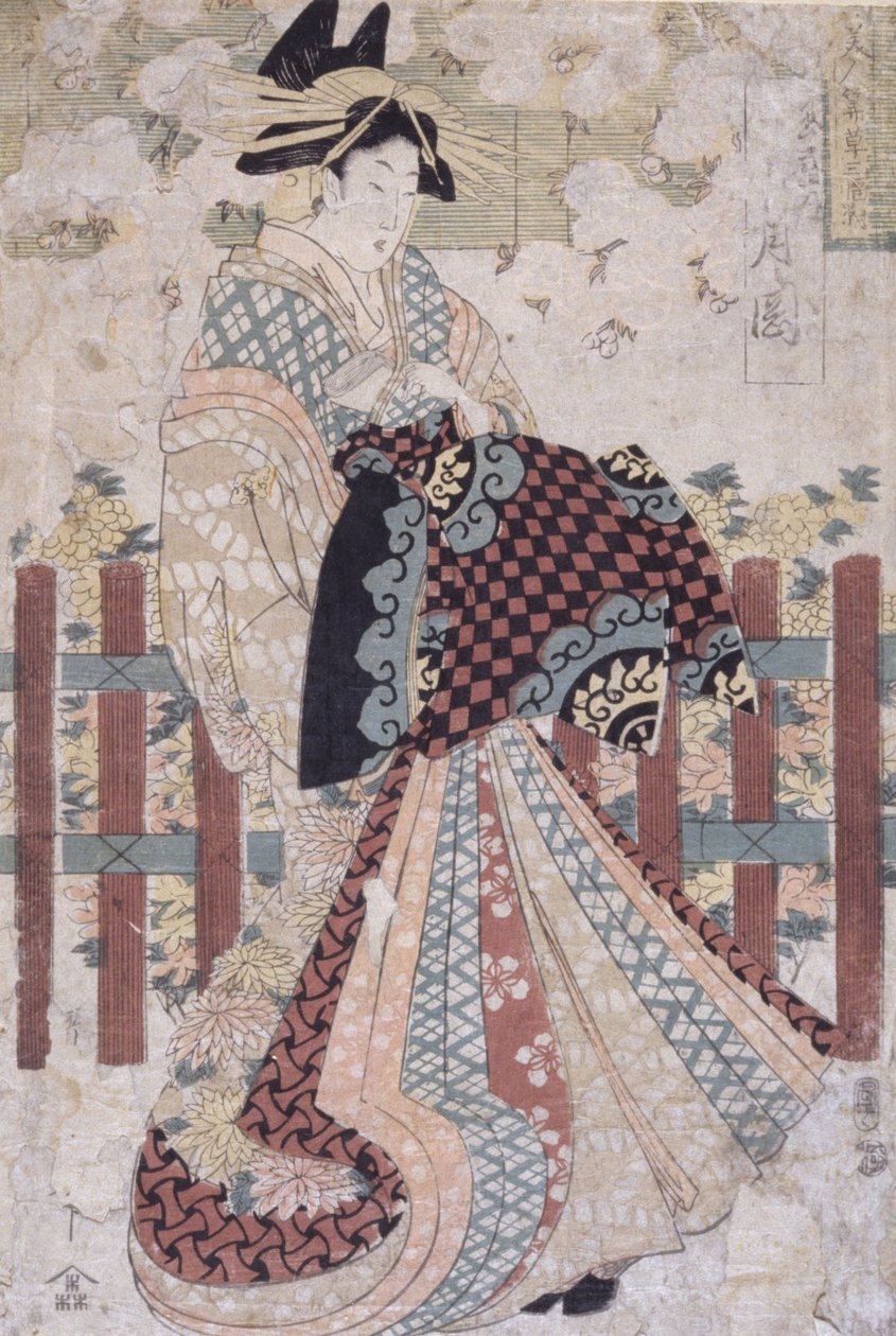 Tsukioka vom Tama-Ya, ein Triptychon von Schönheiten und Blumen von Kitagawa II Utamaro