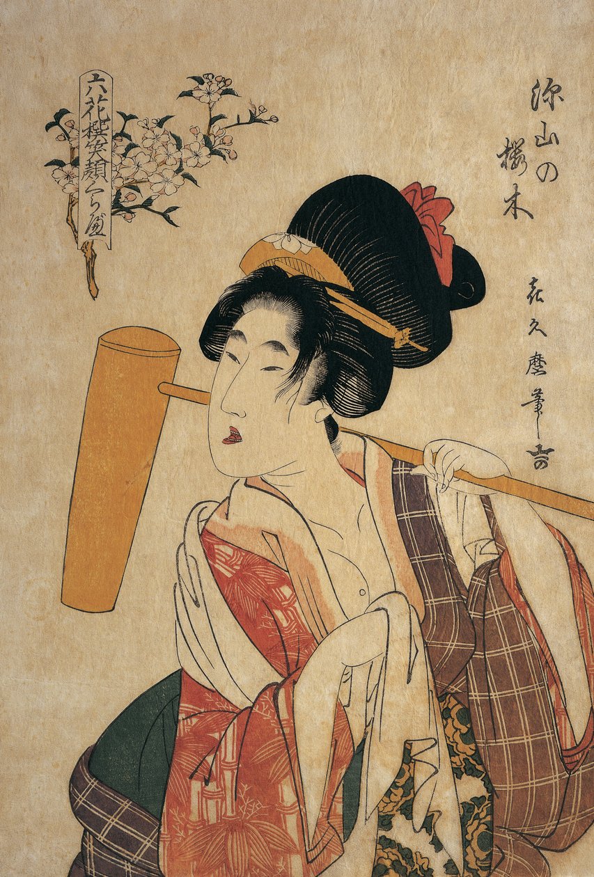 Nahaufnahme einer jungen Frau mit einem hölzernen Stößel auf der Schulter von Kitagawa Tsukimaro