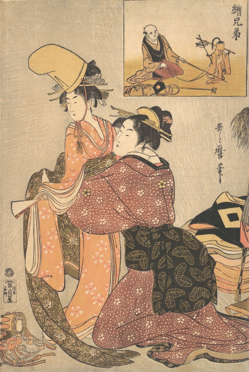 Eine Frau zieht ein Mädchen für den Kabuki-Tanz „Musume Dojoji“ an, ca. 1795-96 von Kitagawa Utamaro