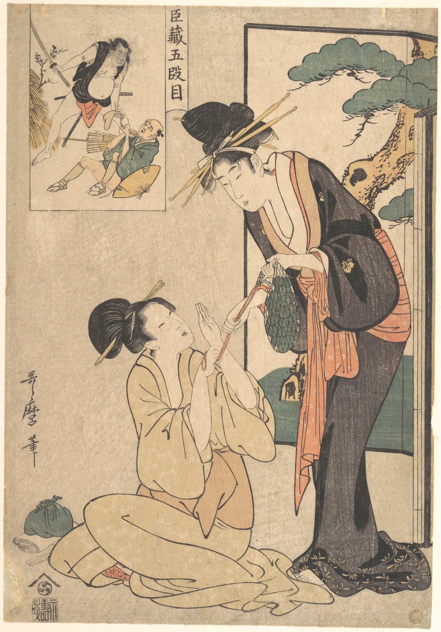 Eine Frau entreißt ihrer Mutter eine Tüte Süßigkeiten von Kitagawa Utamaro