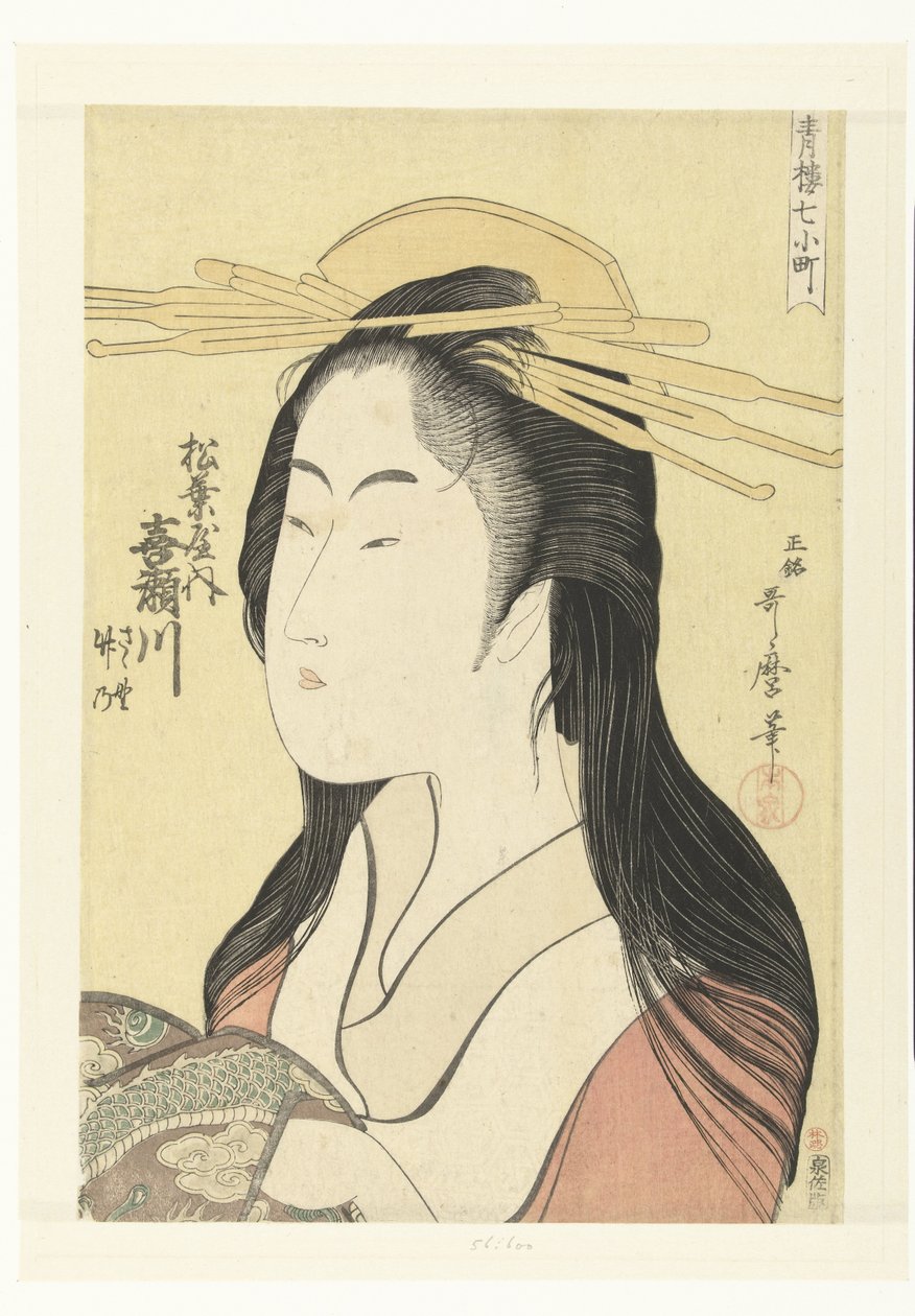 Brustporträt der Kurtisane Kisegawa aus dem Matsubaya-Haus (Die sieben Komachi aus den Lusthäusern) von Kitagawa Utamaro