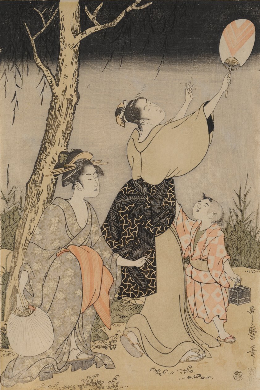 Glühwürmchen fangen unter einem Weidenbaum (links) von Kitagawa Utamaro