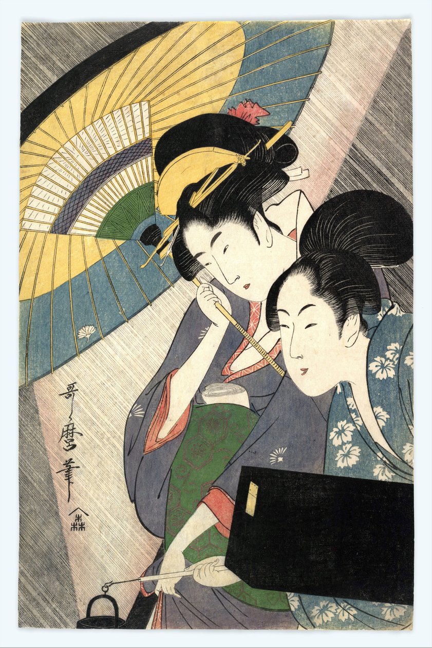 Zwei Frauen unter einem Regenschirm von Kitagawa Utamaro