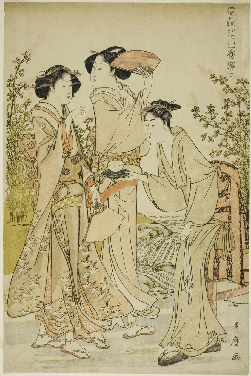 Elegante Freuden: Der Duft der Blumen, links (Furyu hana no ka asobi, ge) von Kitagawa Utamaro