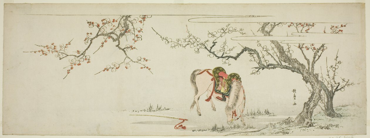 Pferd unter einem blühenden Pflaumenbaum von Kitagawa Utamaro