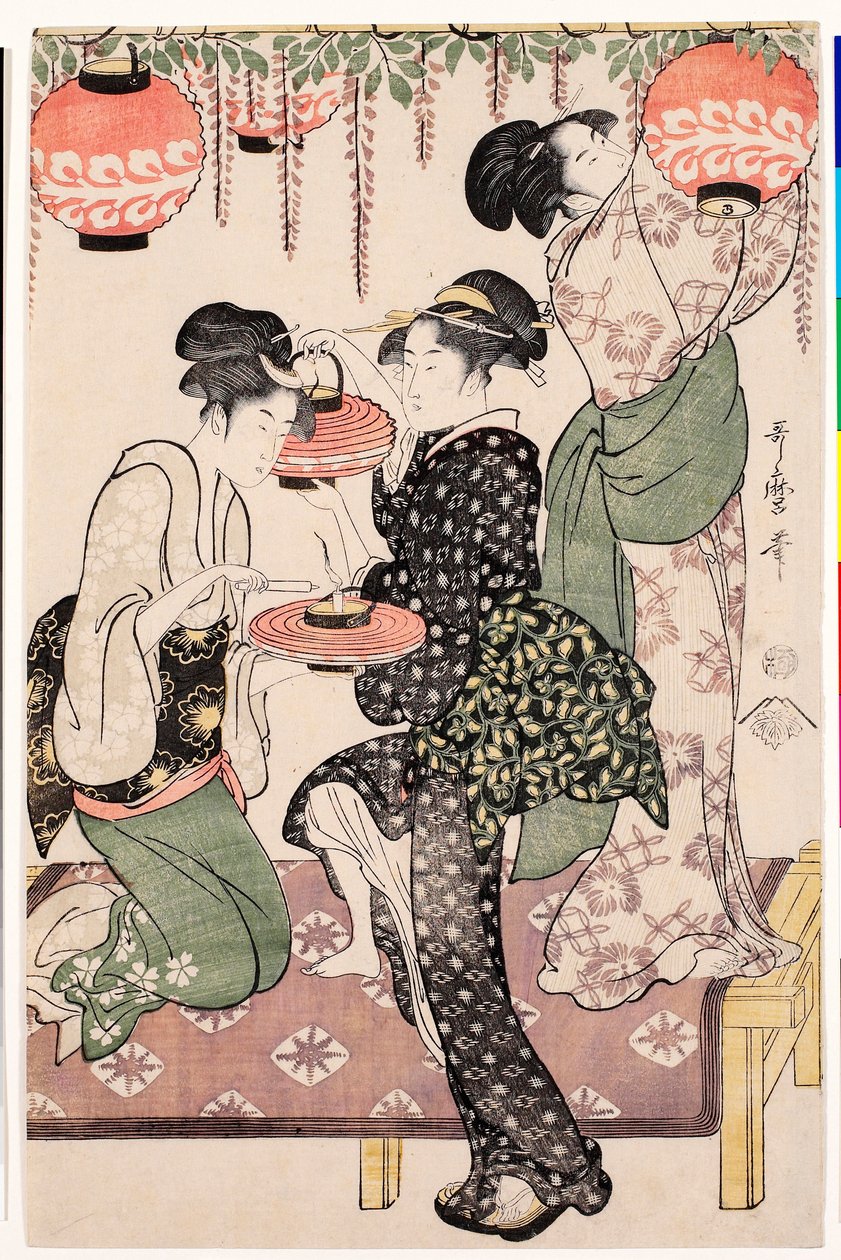Teestubenmädchen unter einem Glyzinien-Spalier von Kitagawa Utamaro