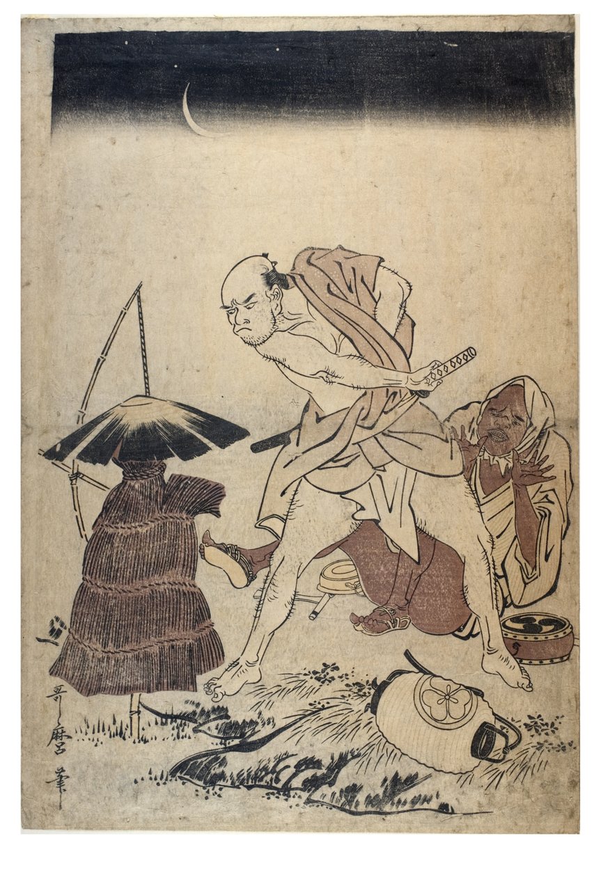 Mann bedroht Vogelscheuche in einer dunklen Nacht (Holzschnitt auf Papier) von Kitagawa Utamaro