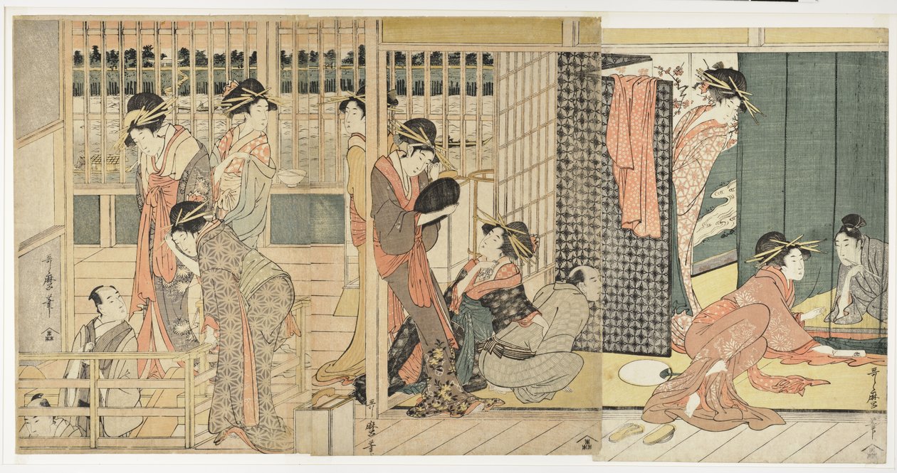 Morgentrennung in den vorübergehenden Unterkünften des Vergnügungsviertels, 1801 von Kitagawa Utamaro