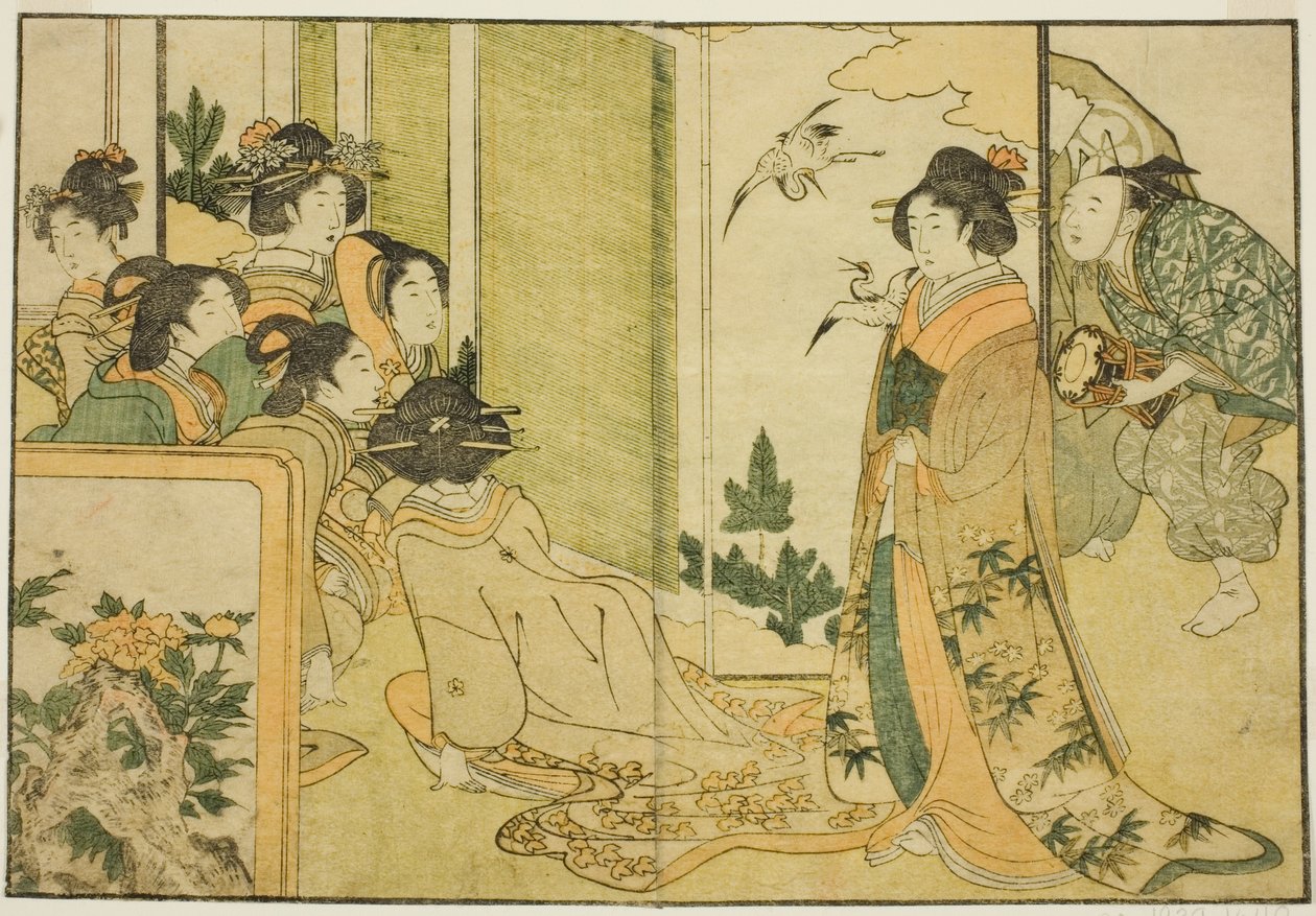Neujahrs-Manzai-Aufführung in der Residenz eines Feudalherren, aus dem illustrierten Buch "Bilderbuch: Blumen der vier Jahreszeiten (Ehon shiki no hana)," Bd. 1 von Kitagawa Utamaro