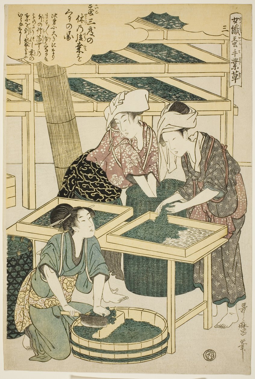 Nr. 3, aus der Serie "Frauen in der Seidenraupenzucht" von Kitagawa Utamaro