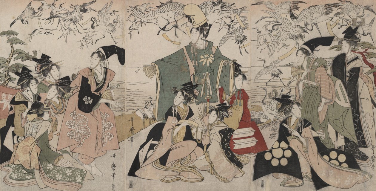 Parodie auf Yoritomo, der Kraniche freilässt (Mitate Yoritomo hōkaku) von Kitagawa Utamaro