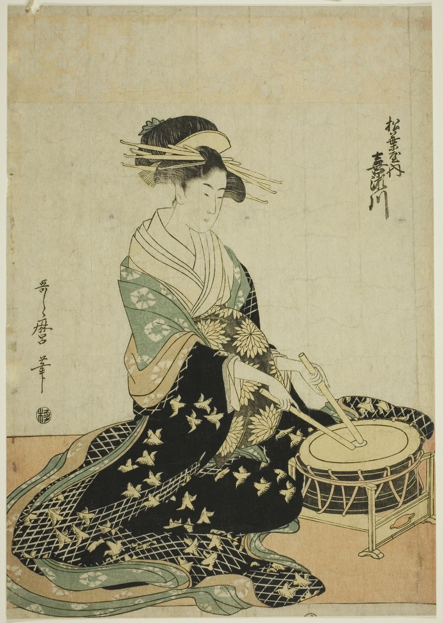 Die Kurtisane Kisegawa von der Matsubaya, aus einer unbetitelten Serie von Kurtisanen der Matsubaya als fünf Musiker von Kitagawa Utamaro