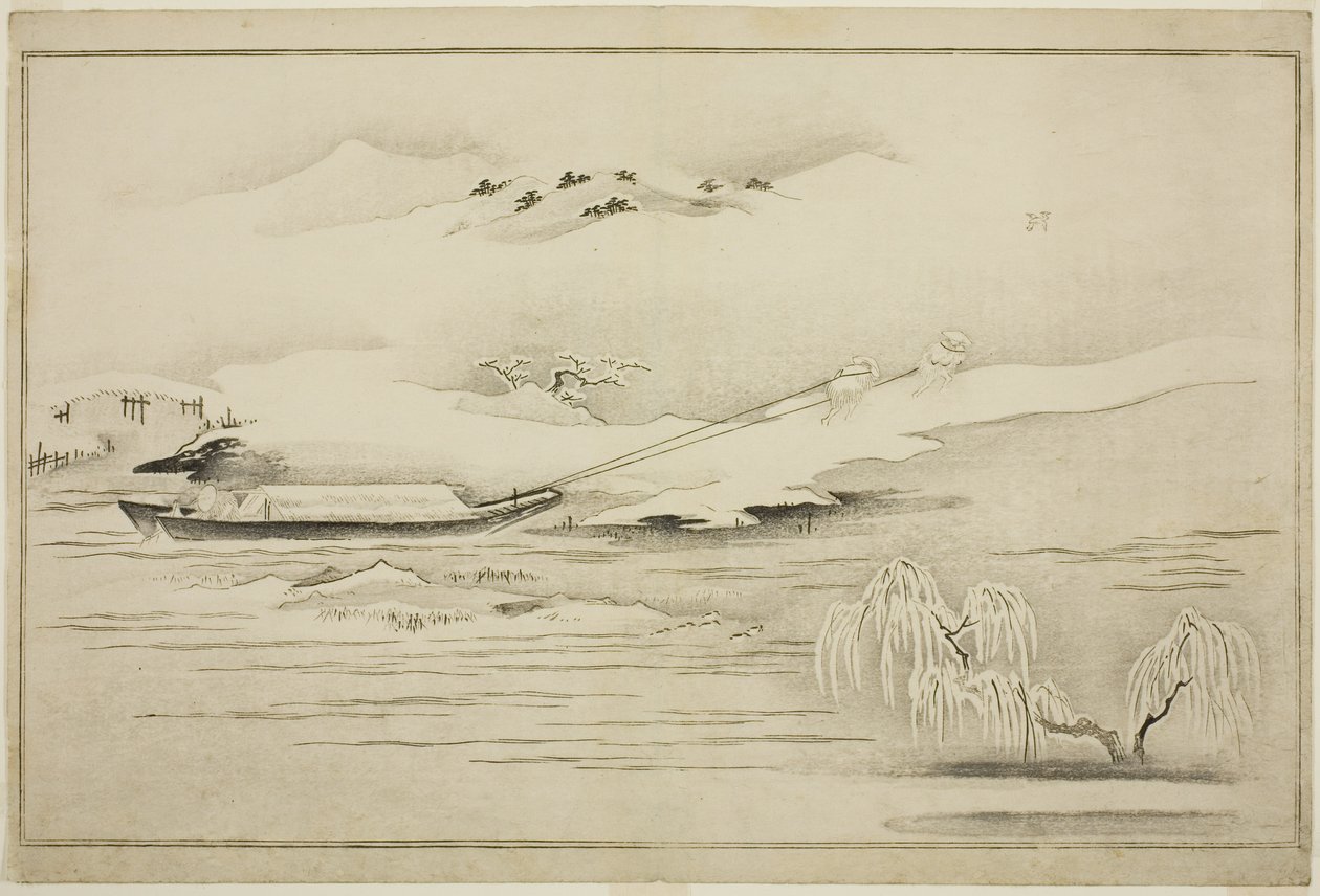 Ein Schleppkahn im Schnee, aus dem Album Die Silberne Welt von Kitagawa Utamaro