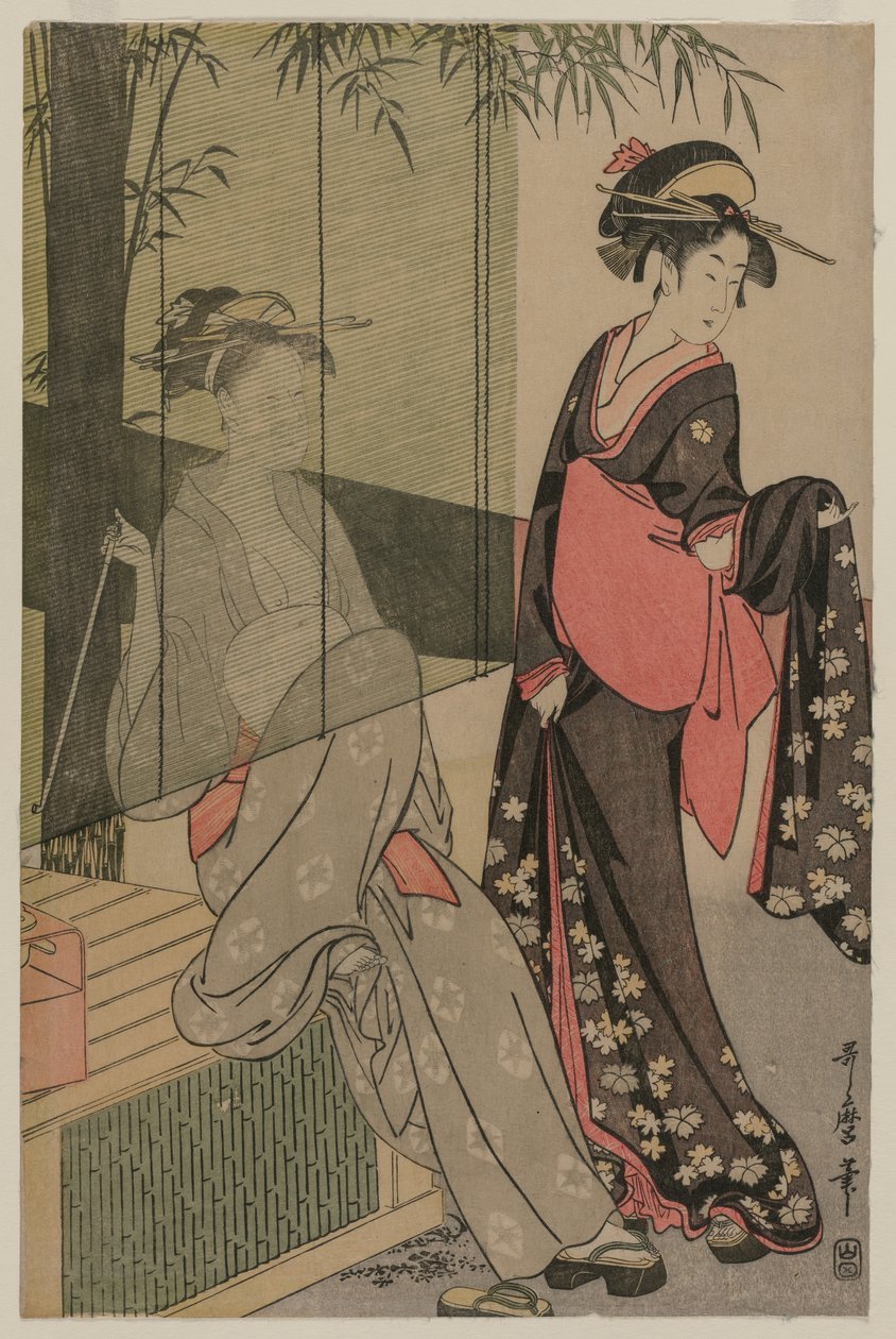 Zwei Frauen bei einem Bambusrollo von Kitagawa Utamaro