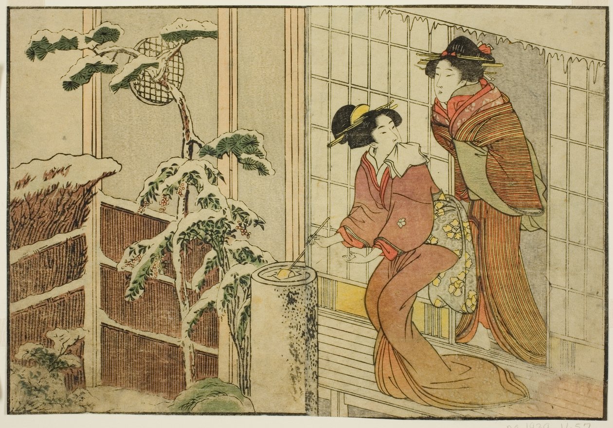 Zwei Frauen auf der Veranda an einem verschneiten Morgen, aus dem illustrierten Buch "Bilderbuch: Blumen der vier Jahreszeiten (Ehon shiki no hana)," Bd. 2 von Kitagawa Utamaro