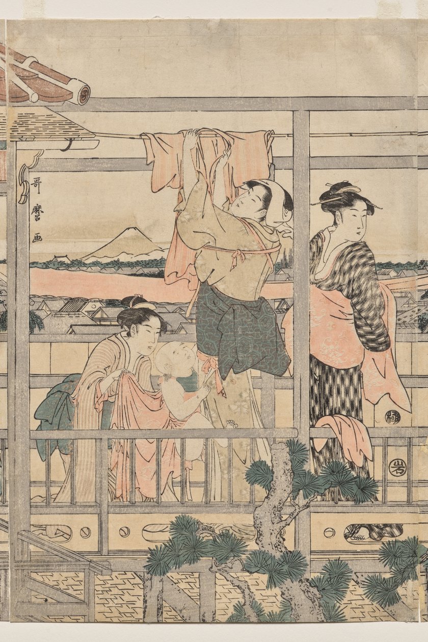 Frauen hängen Wäsche auf einem Balkon auf von Kitagawa Utamaro