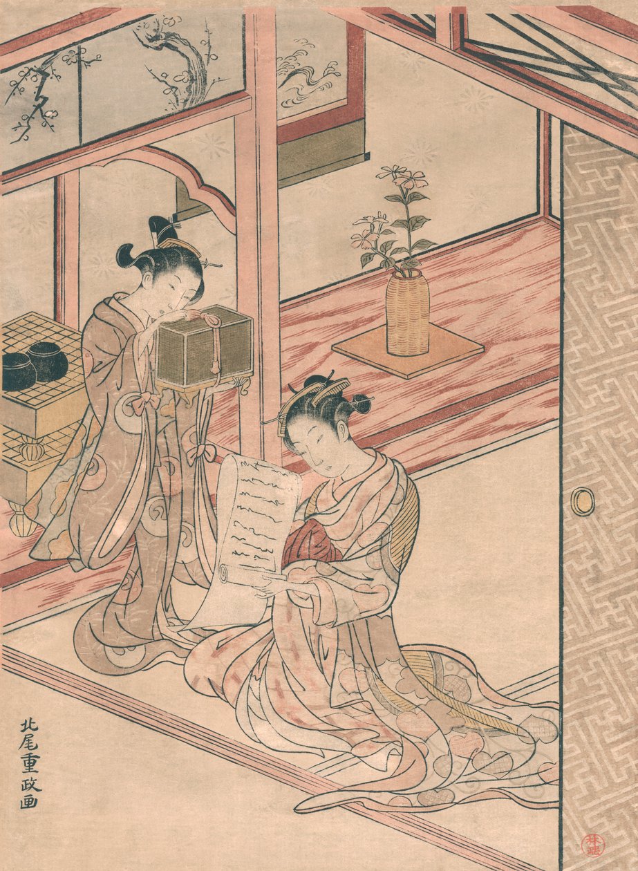 Kurtisane und junge Begleiterin in einem Salon von Kitao Shigemasa von Kitao Shigemasa