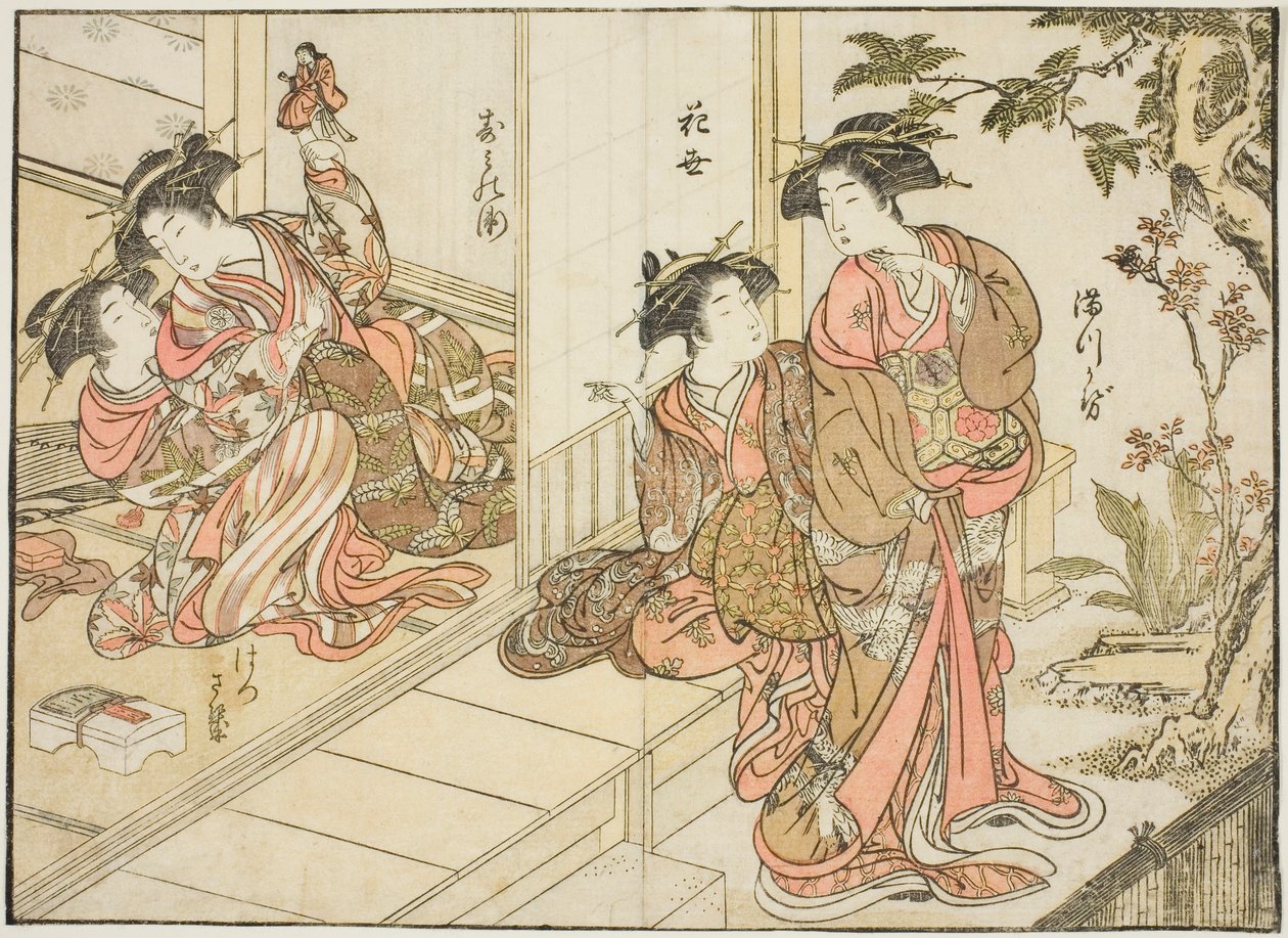 Kurtisanen von Maruebiya, aus dem Buch "Spiegel der schönen Frauen der Vergnügungsviertel (Seiro bijin awase sugata kagami)," Bd. 2 von Kitao Shigemasa