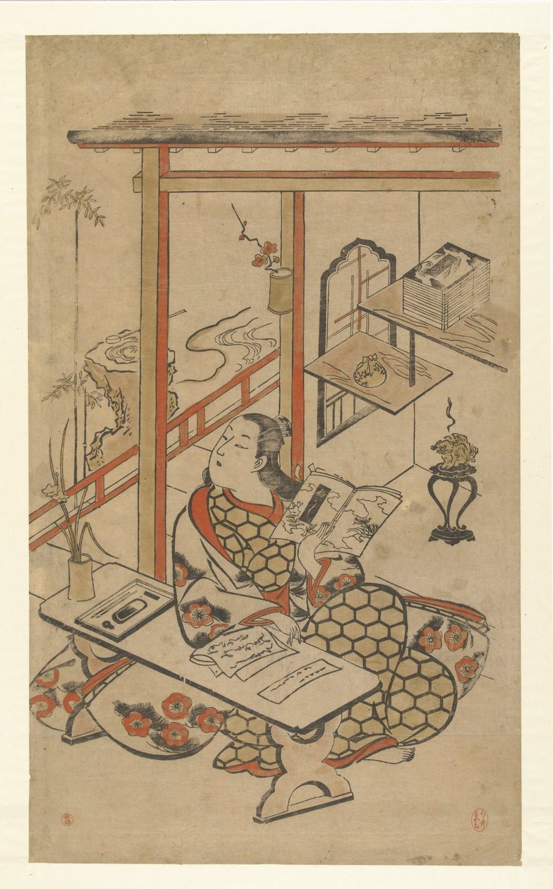 Frau am Tisch, lesend in der Erzählung von Genji von Kiyomasu (I) , Torii (attributed to)