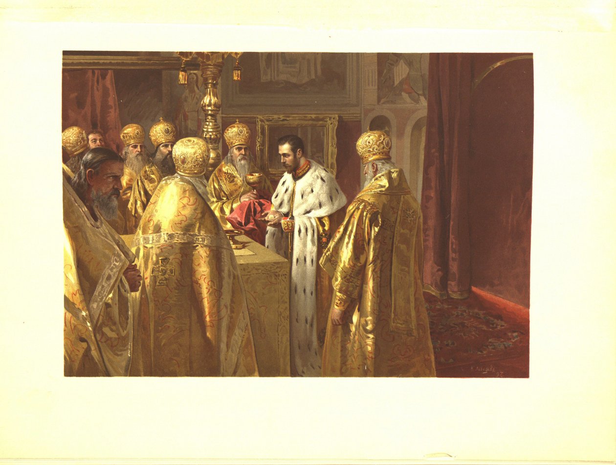 Die Krönungszeremonie von Nikolaus II. Die Eucharistie, 1899 von Klavdiy Vasilievich Lebedev