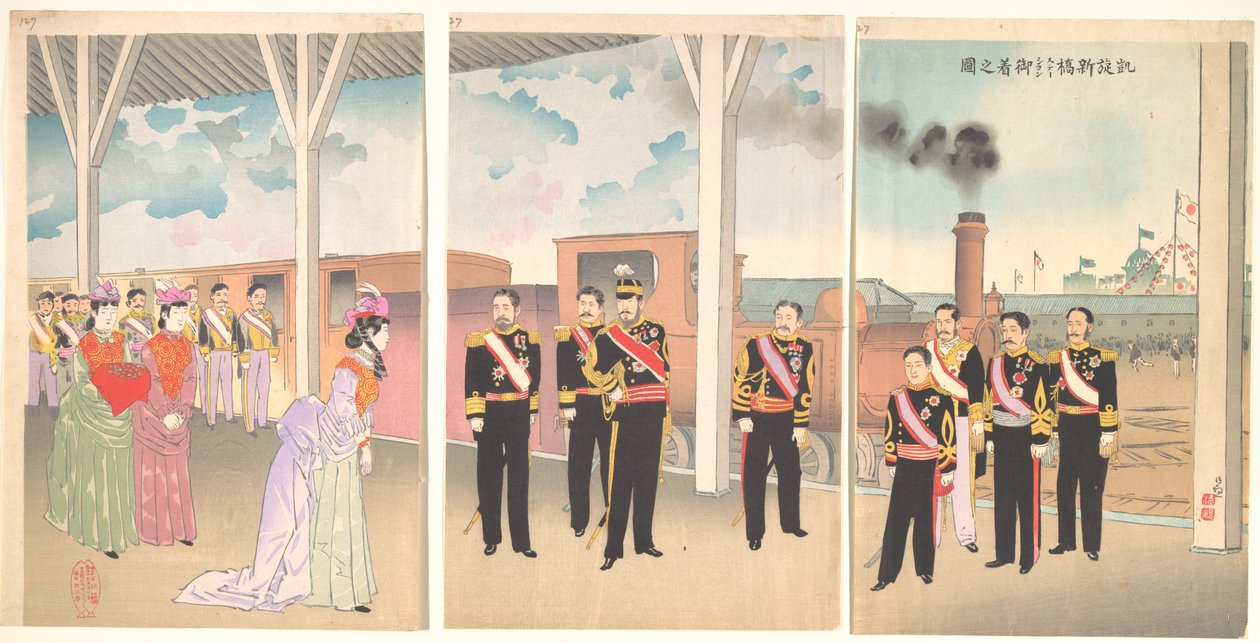 Triumphale Ankunft des Kaisers am Bahnhof Shinbashi von Kobayashi Kiyochika