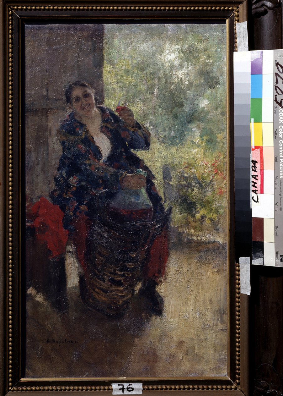 Eine Wirtin, Frau mit einem Glas Wein von Konstantin Alekseevich Korovin