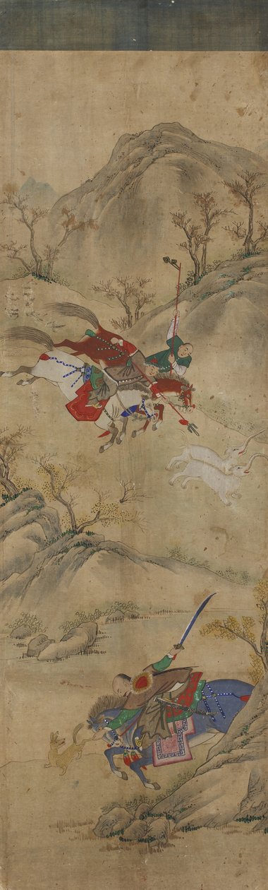 Jagdszene (3 Reiter mit Kaninchen und mythischen Tieren) von Korean School