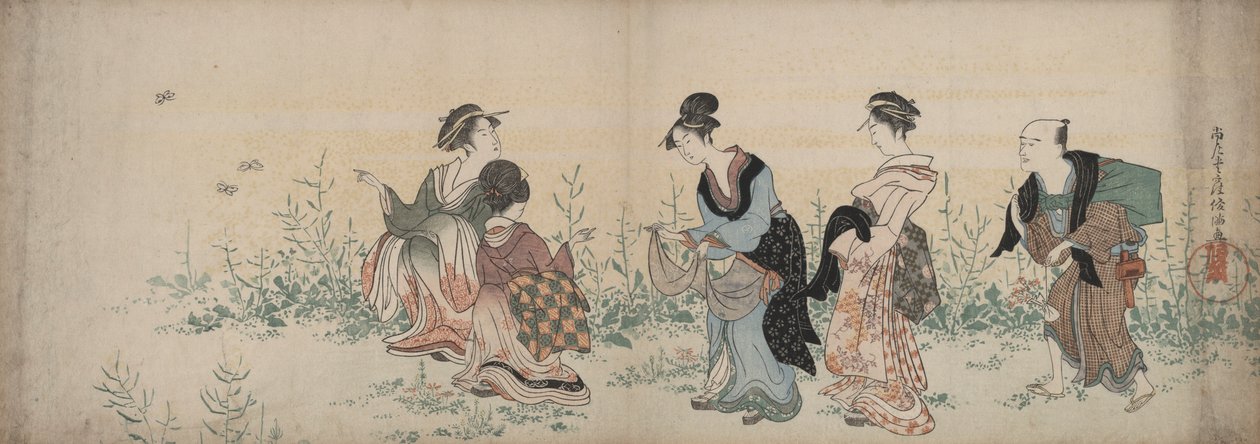 Vier Mädchen und ein Diener genießen Wildblumen und Schmetterlinge von Kubo Shunman