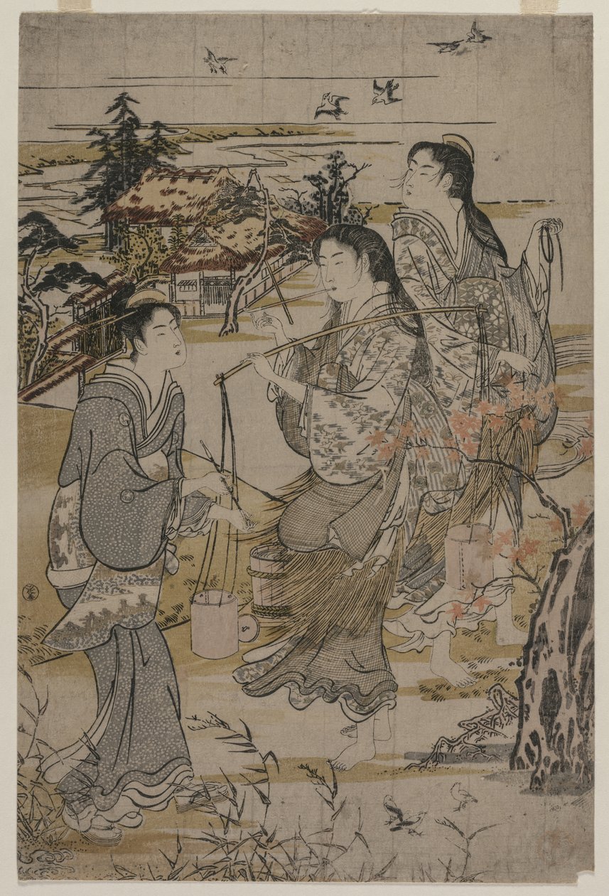Frauen mit Salzfässern; Der Noda Tama Fluss in der Provinz Mutsu, aus einer unbetitelten Serie der Sechs Tama Flüsse von Kubo Shunman