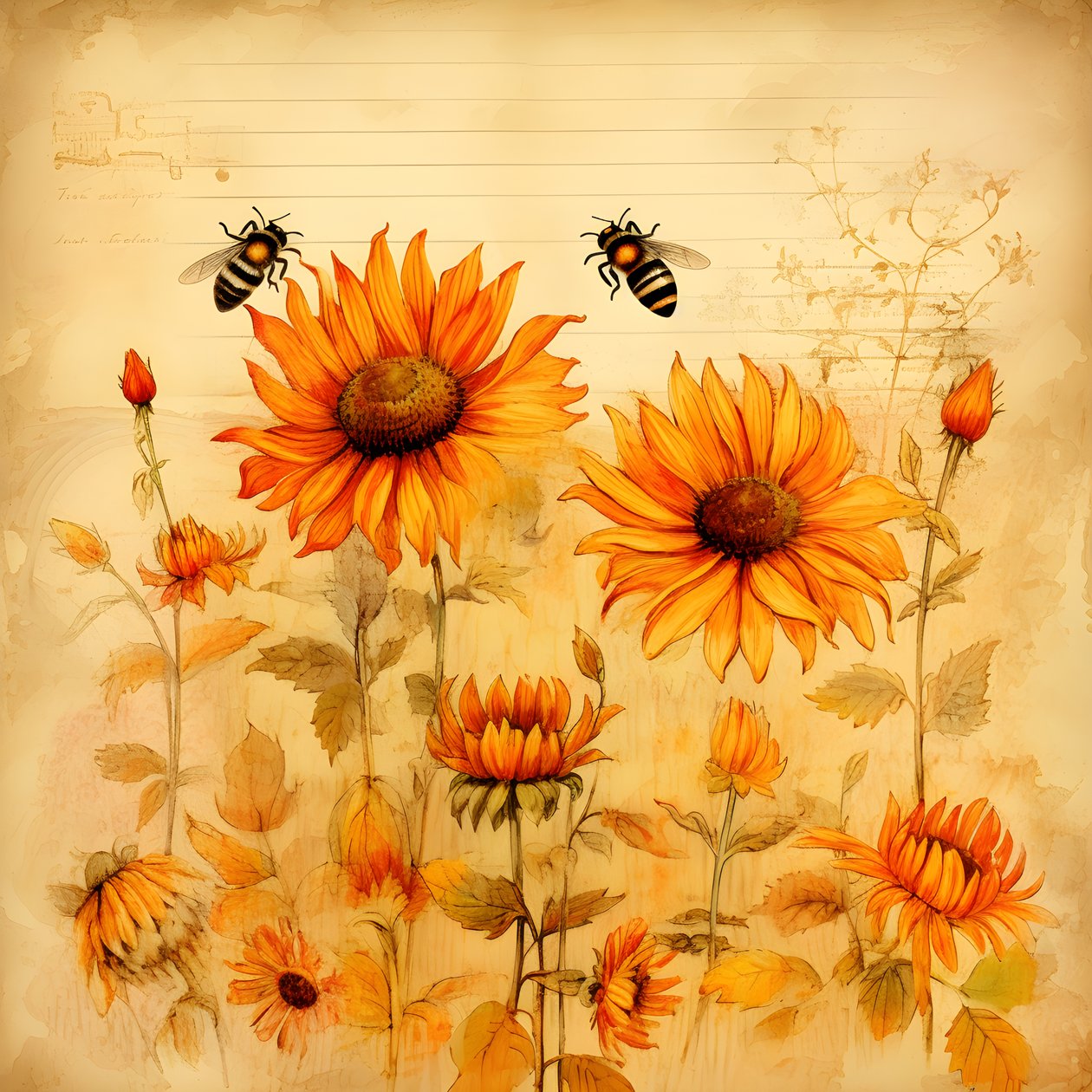 Aquarell Sonnenblumen und Bienen Silhouetten von Kurt Heppke