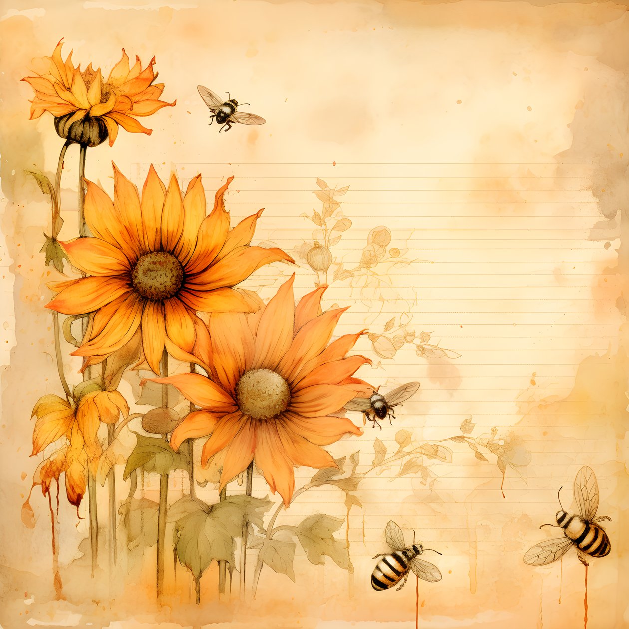 Aquarell Sonnenblumen und Bienen Silhouetten von Kurt Heppke