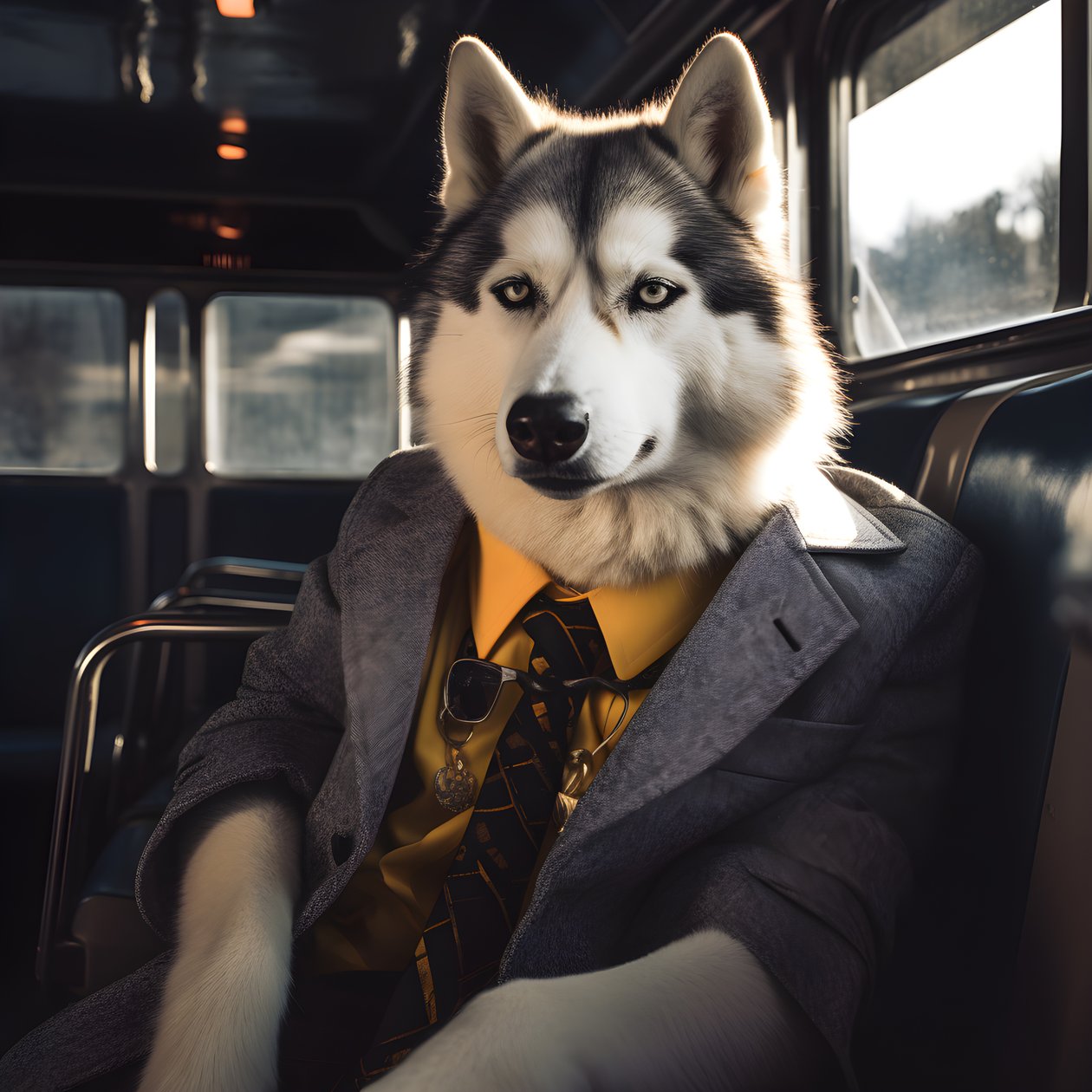 Ein Siberian Husky Hund im Anzug und mit Sonnenbrille am Busbahnhof, wie ein Gentleman von Kurt Heppke