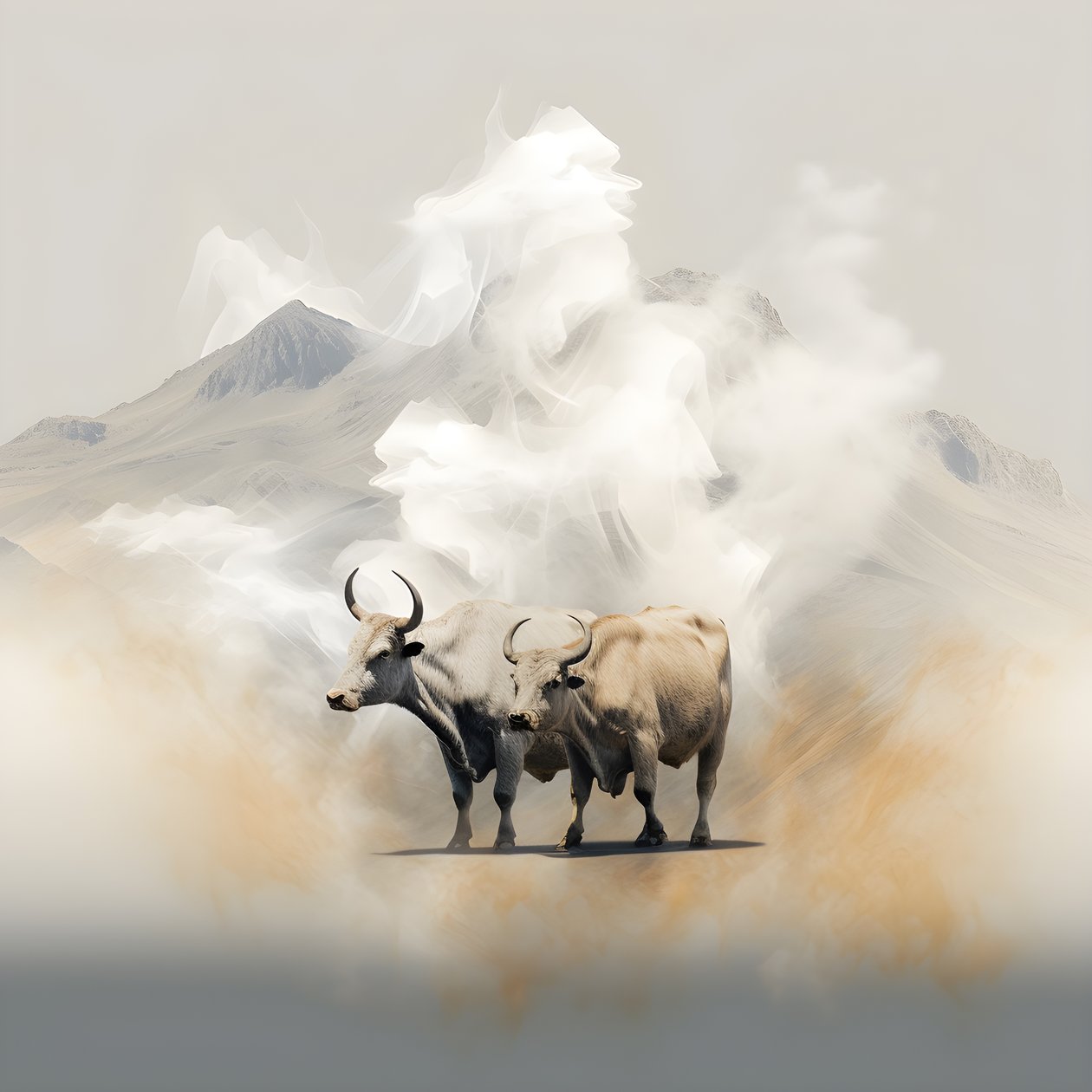 Fraktales abstraktes Leinwandbild, Beige-Weiß-Rauch-Textur. 3 schwarze Stiere, die aus dem Rauch auftauchen, mit dem Berg Ararat am Horizont. Posen erinnern an Stiere auf der Wall Street in New York. von Kurt Heppke