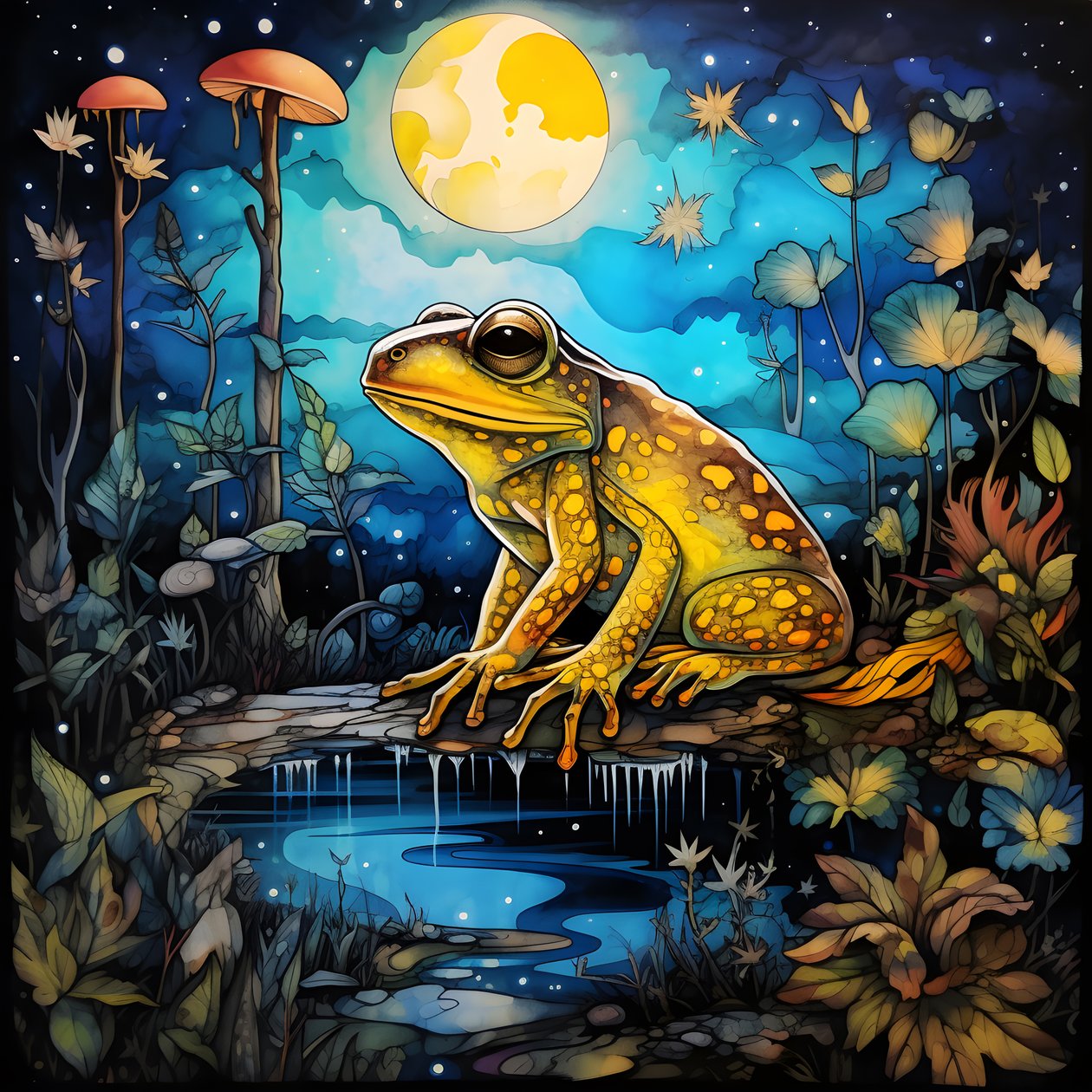 Gelber Frosch im Wald, Mond, Fluss von Kurt Heppke