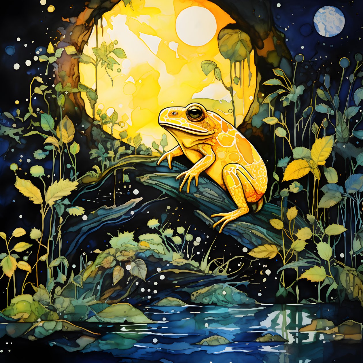 Gelber Frosch im Wald, Mond, Fluss von Kurt Heppke