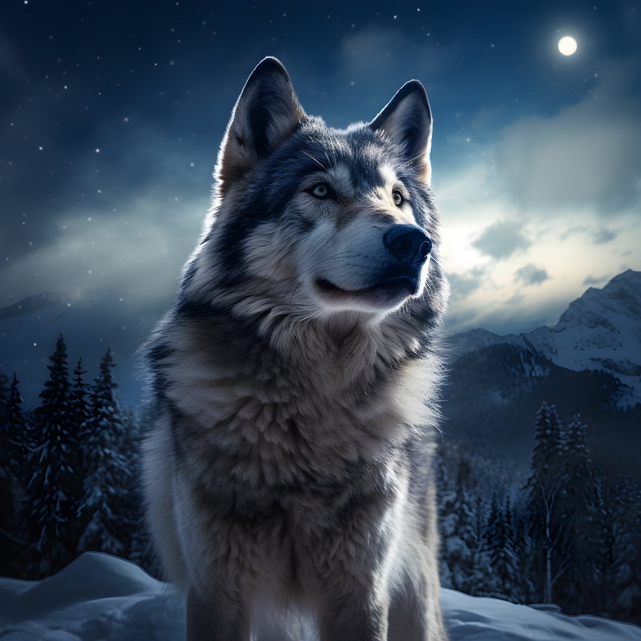 Ein majestätischer grauer Wolf steht auf einem schneebedeckten Berggipfel 2 von Kurt Heppke