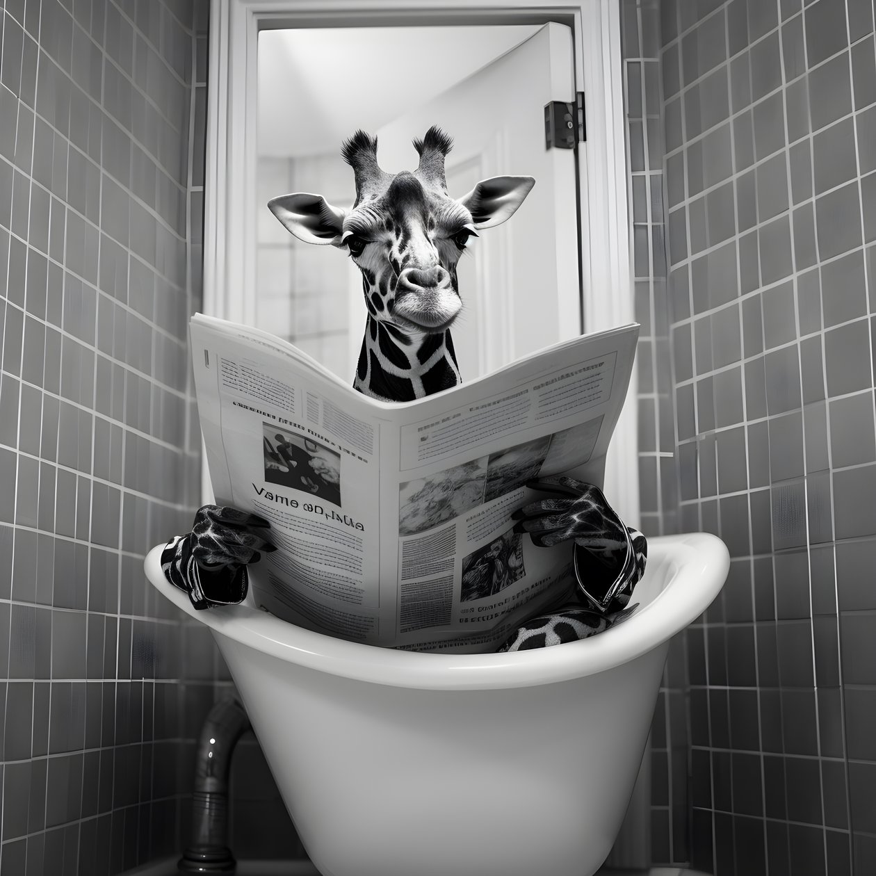 Glückliche Giraffe sitzt auf Toilette mit Zeitung 3 von Kurt Heppke