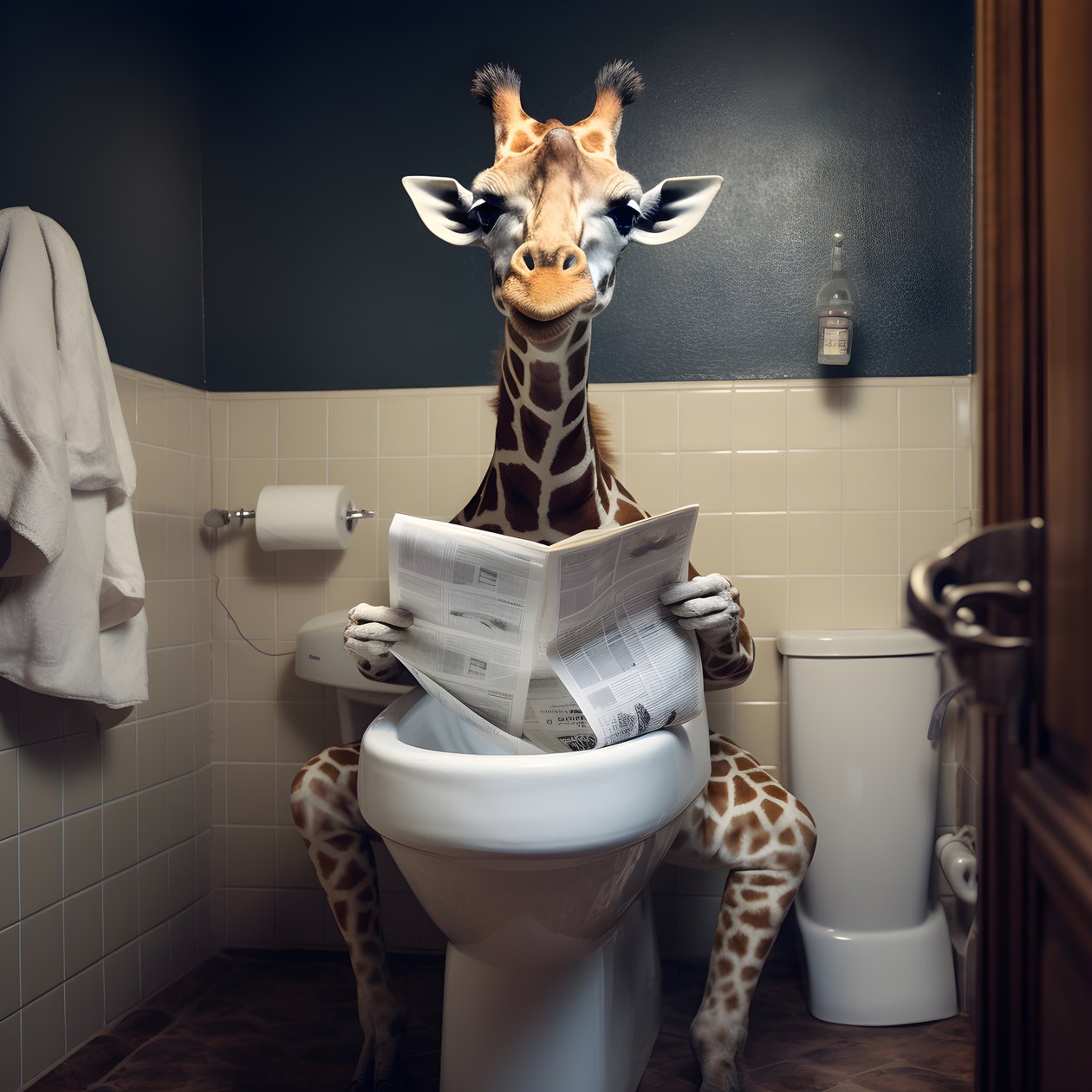 Glückliche Giraffe sitzt auf Toilette mit Zeitung 4 von Kurt Heppke