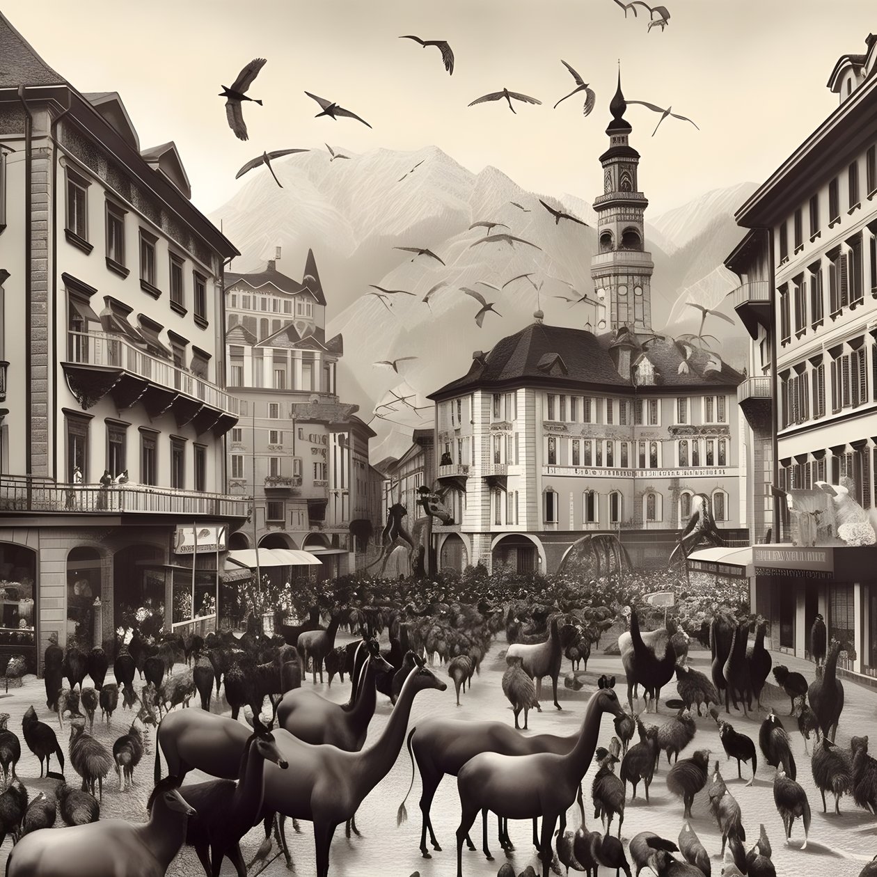 Innsbruck in einer alten Fotografie mit eleganten Zebras, Möwen, Affen und Tonfiguren. 4 von Kurt Heppke