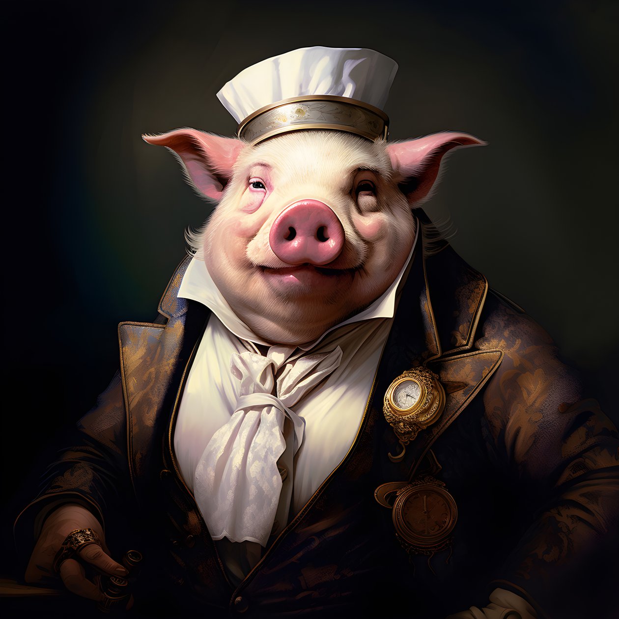Kalter und herrschsüchtiger anthropomorpher Schweineplantagenbesitzer, stechende Augen, fetter molliger Körper, Zigarre in der Hand, exquisiter schicker südländischer weißer Anzug und Weste, Taschenuhr an einer Kette, Monokel, weißer Filzhut, Nahaufnahme 1 von Kurt Heppke
