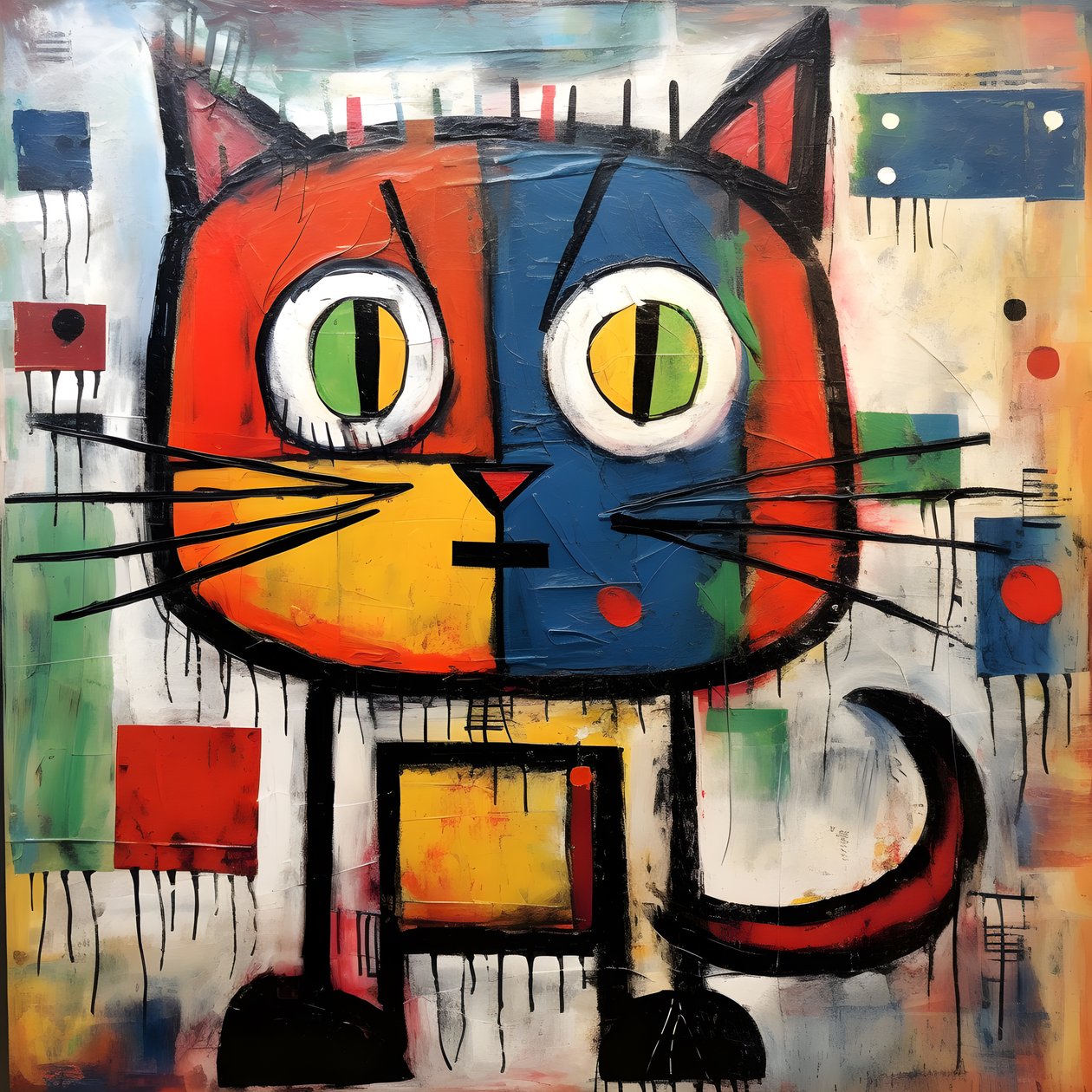 Niedliche Katze, im Stil von Picasso, Joan Miró und Basquiat 2 von Kurt Heppke