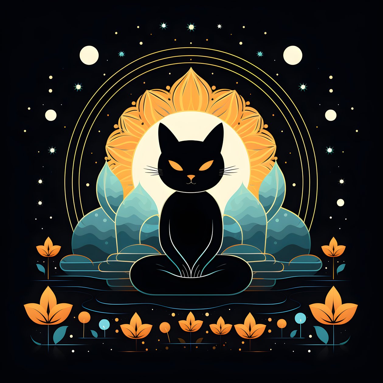 Katze in Meditation auf einer Lotusblume sitzend von Kurt Heppke