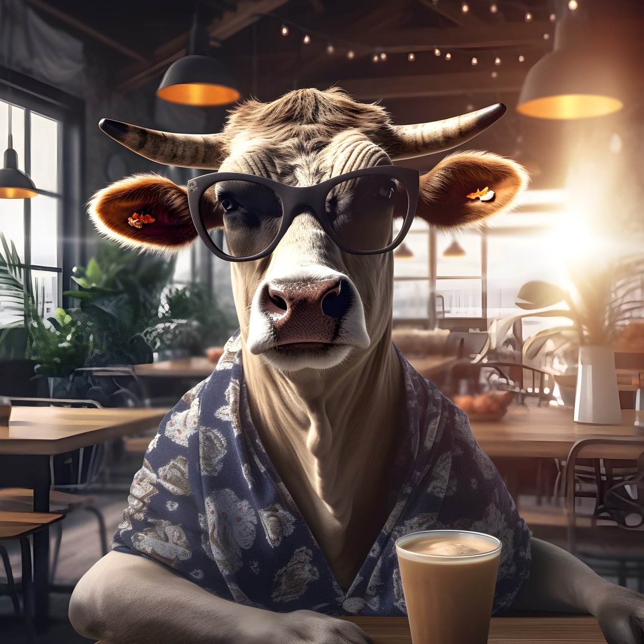 Kuh mit Sonnenbrille und Blick auf kalten Kaffee von Kurt Heppke