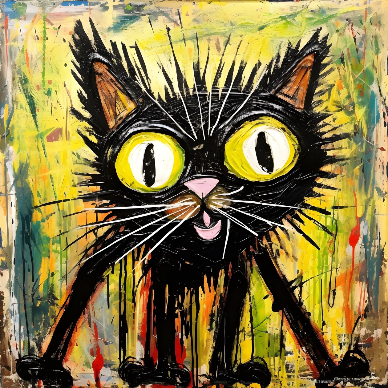Neoexpressionismus einer Cartoon-Katze, die neugierig nach oben schaut von Kurt Heppke