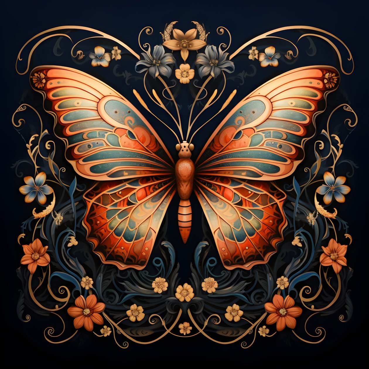 Schmetterling in der Mitte, symmetrisch, mit Blumen im Hintergrund 1 von Kurt Heppke