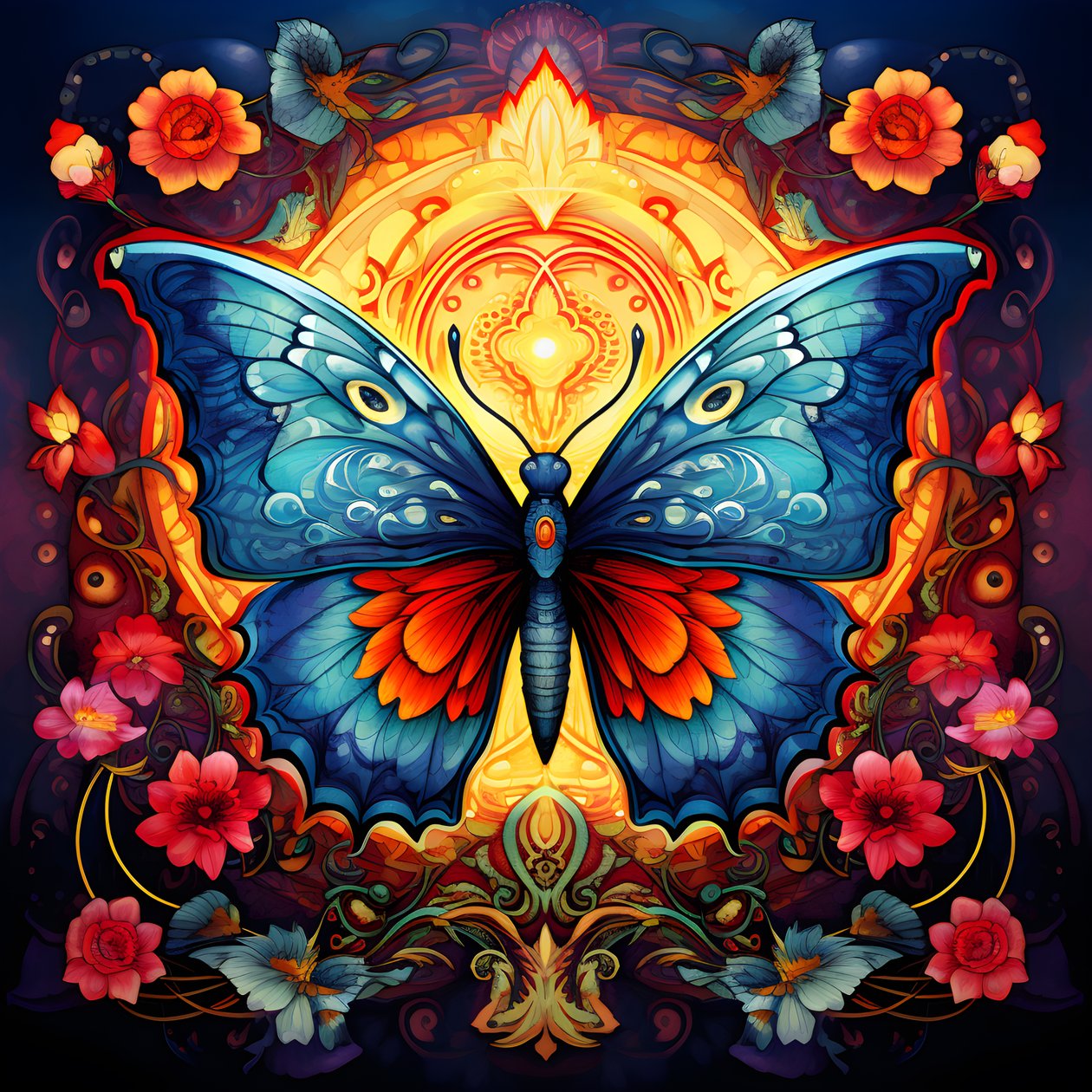 Schmetterling in der Mitte, symmetrisch, mit Blumen im Hintergrund 2 von Kurt Heppke