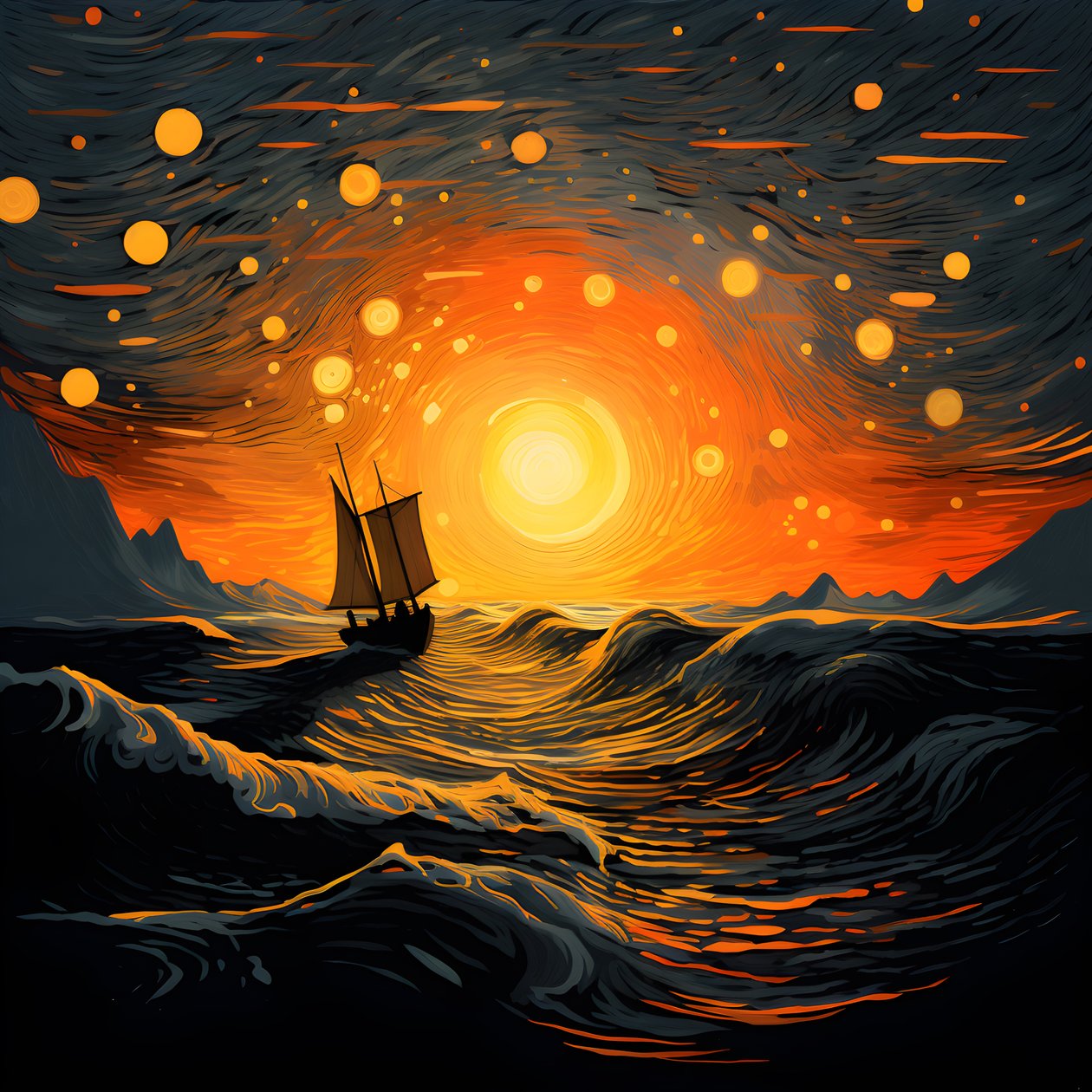 Sonnenuntergang, orange-gelbe Sonne, Wolken, fünf rotierende Kreise von Wolken in einem großen Himmel, punktförmige Wellen und orange-gelbe Sonnenuntergangswolken, die sich auf den Wellen spiegeln, ein Boot fährt aufs Meer hinaus 1 von Kurt Heppke