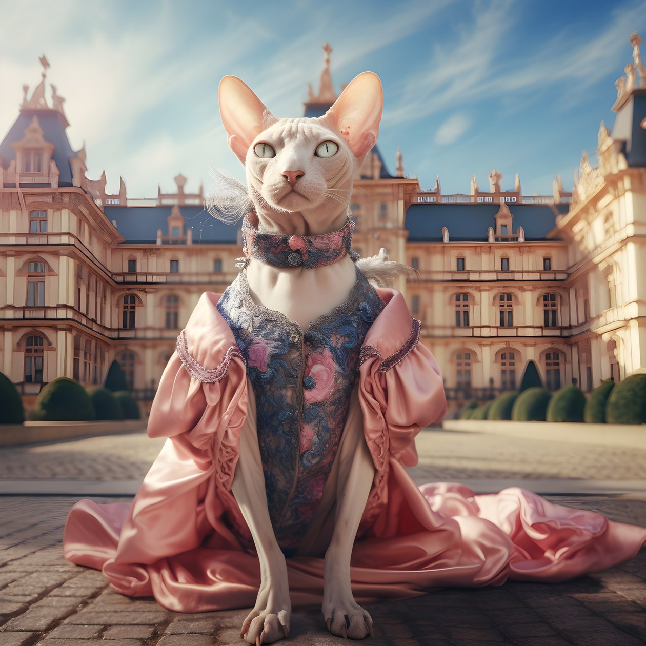 Sphynx-Katze im Ballkleid vor dem Hintergrund eines prächtigen Palastes im mittelalterlichen Stil von Kurt Heppke